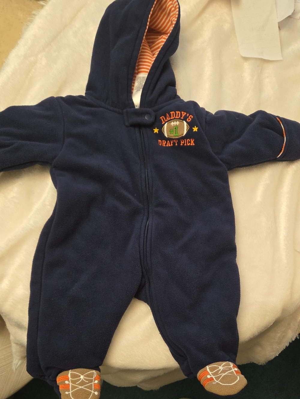 Carter's Navy Fleece Hooded One-Piece with Orange Accents